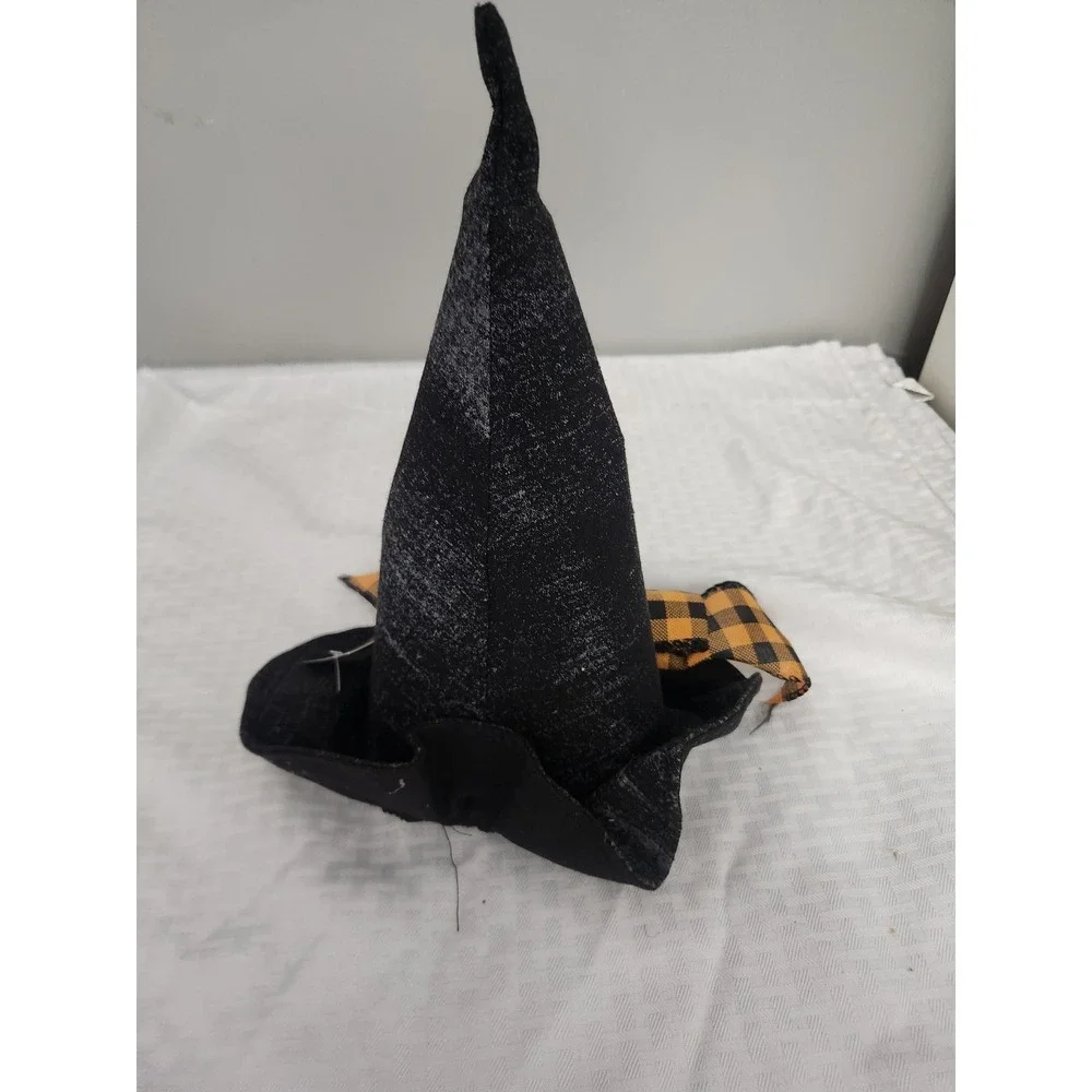 Halloween Table Decor Black Fabric Witch Hat Boo Plaid Bow Spooky Ornament NWT